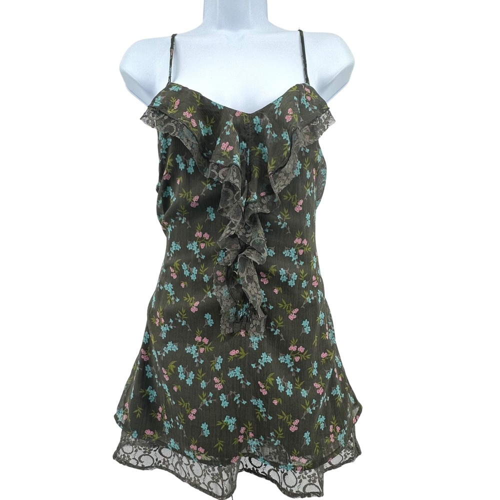 Decree Y2K Floral Lace Ruffle Camisole Top Womens M Green Boho Fairy Cottagecore